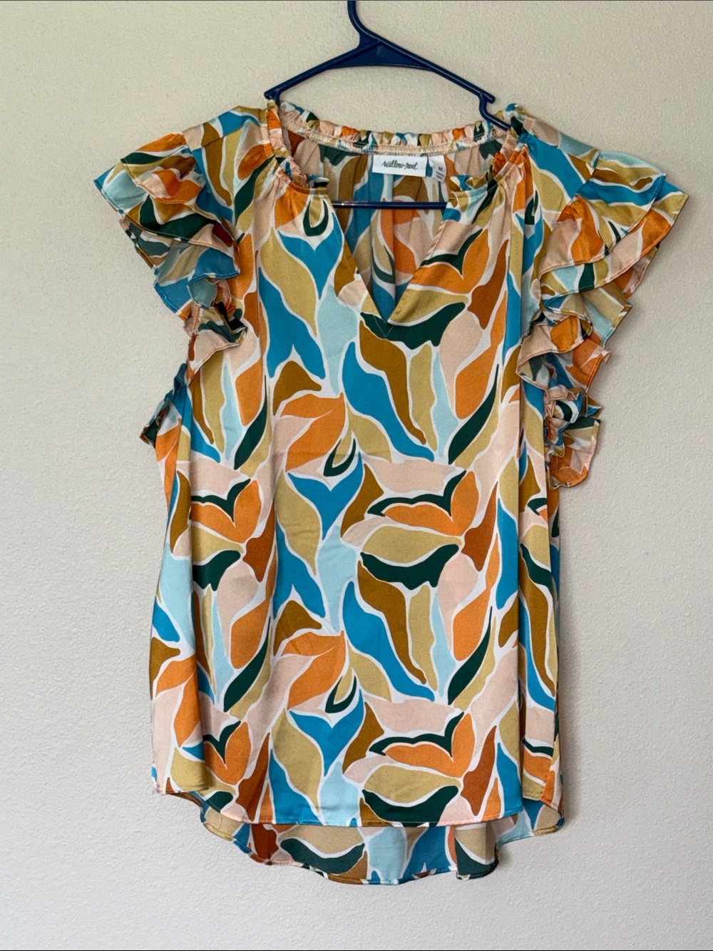 Willow Root Multicolor Ruffle Sleeve Blouse with Teal & Mustard, Medium